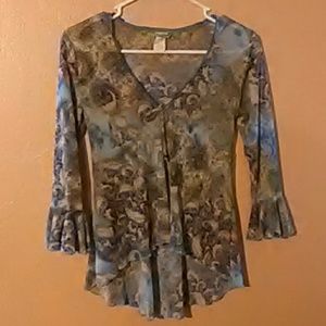 Rave Blue V-neck Blouse Flare Sleeve